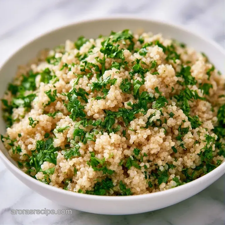 A mound of light, fluffy grains speckled with fresh herbs, served with a lemon slice on a clean white porcelain plate.