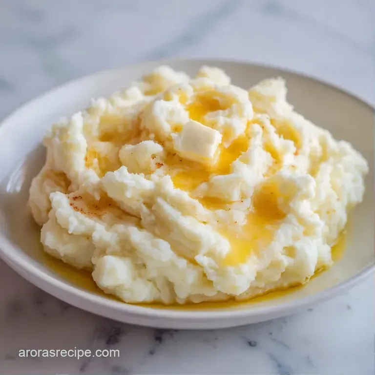 Elegant swirl of whipped white potatoes on a matte grey plate, topped with melted gold butter and micro-greens.