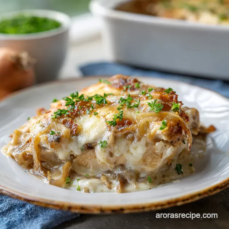 Creamy chicken casserole spooned over rice. Toasted onion topping and fresh parsley sprig provide an elegant, savory visual.