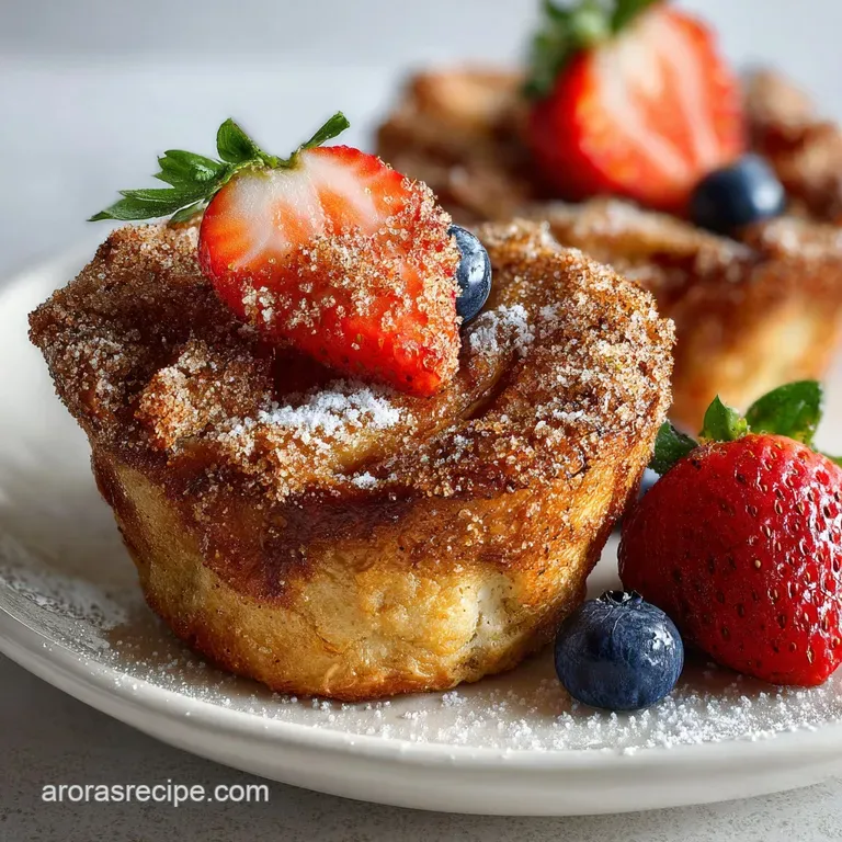 Stacked French toast muffin cups drizzled with syrup, garnished with fresh berries and powdered sugar on a white plate.