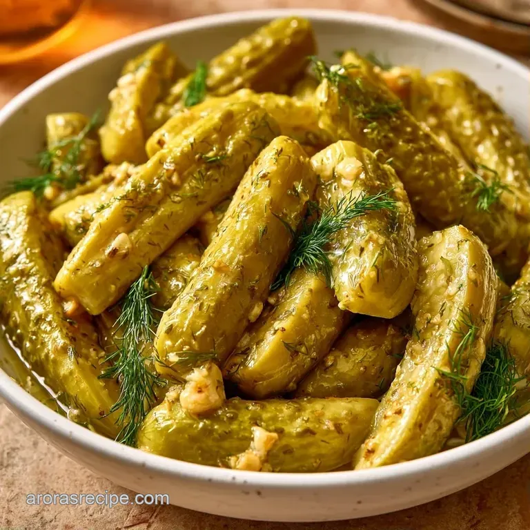 Crisp green cucumber spears arranged on a white platter with fresh dill leaves and aromatic cloves of garlic.