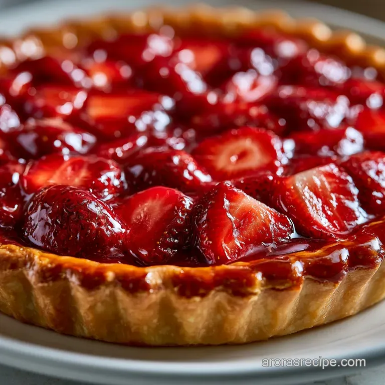 Slice of tart red berry pie with a flaky golden crust on a white plate, topped with whipped cream and mint.