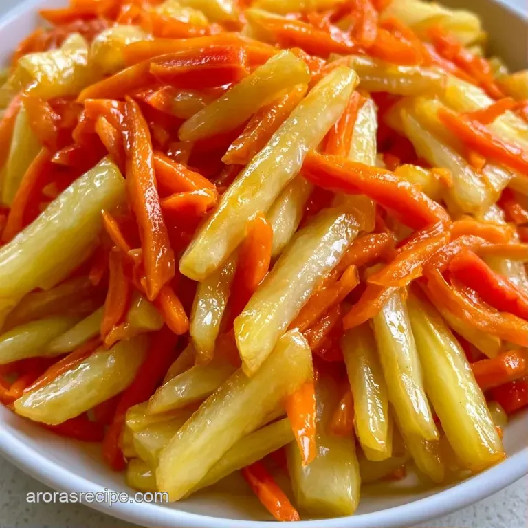 A heap of translucent, golden-yellow potato strips and bright carrots served on a minimalist white ceramic platter.