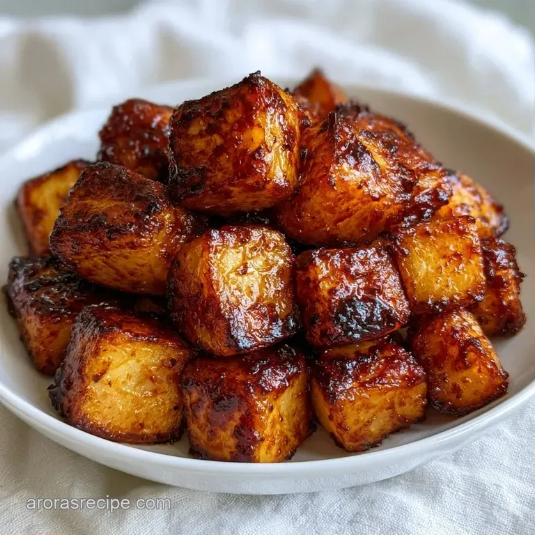 Glazed golden potato cubes piled in a ceramic bowl, topped with sliced scallions and toasted sesame seeds.