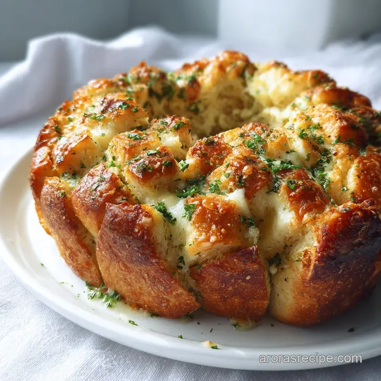 Buttery, golden pull-apart bread served on a wooden board. Flaky layers and glistening garlic create an inviting, shareabl...