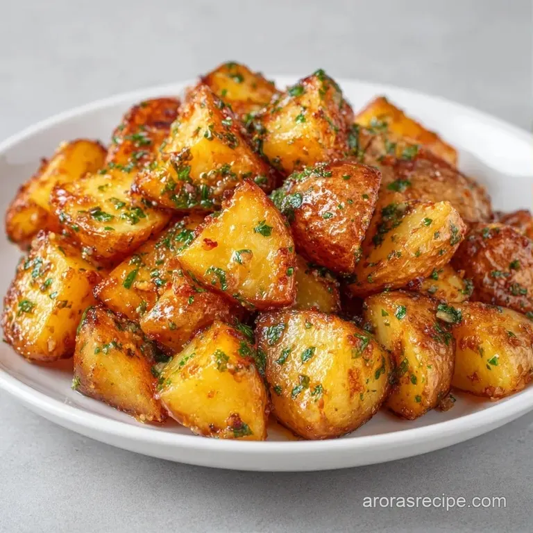 Golden roasted potato cubes stacked elegantly on a white plate, accented by fresh herbs and a drizzle of olive oil.