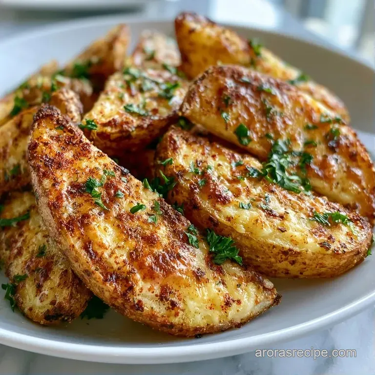 Golden potato wedges arranged on a slate platter with a dip of creamy white sauce and fresh herb garnishes.