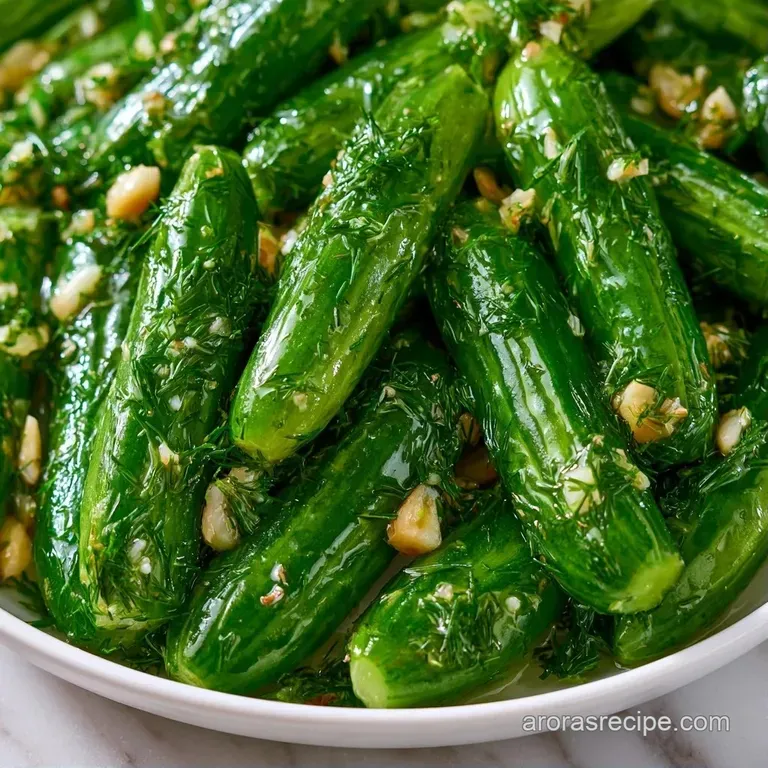 Crisp, translucent cucumber slices and plump garlic cloves arranged on a slate platter with fresh green dill.