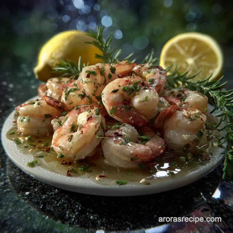 Elegant white plate showcasing garlic shrimp, arranged with vibrant green parsley, and a drizzle of the flavorful sauce, r...