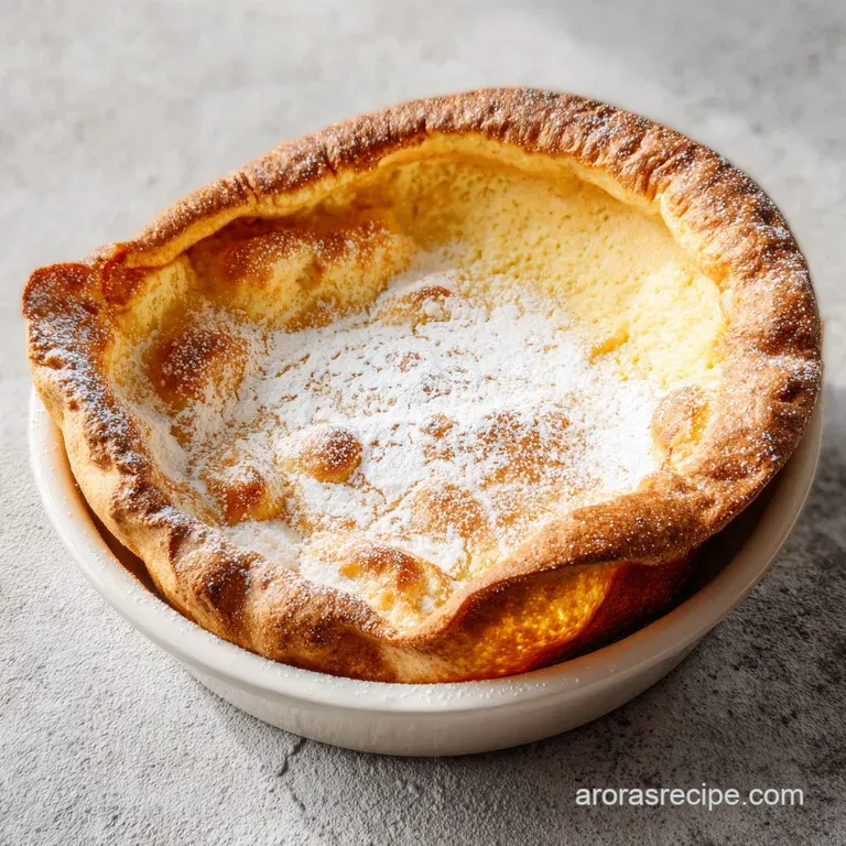 Puffy, golden pastry in a black skillet topped with fresh blueberries and a drizzle of maple syrup on a wood table.