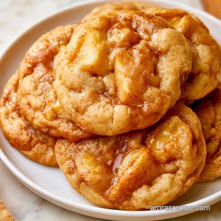 Elegant stack of shimmering golden cookies on a white plate, accented by a sprinkle of cinnamon and fresh apple.