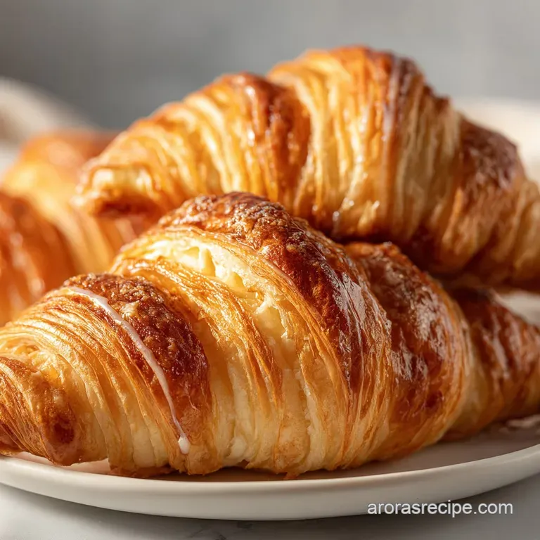 A single glazed croissant, its layers beautifully defined, sits on a linen napkin next to a steaming cup of coffee, a simp...