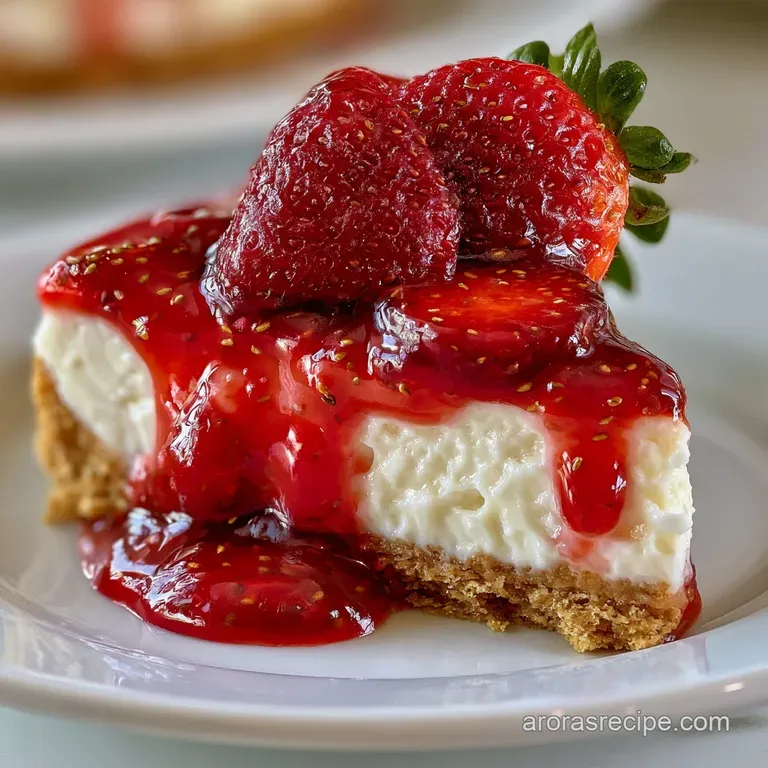 A slice of creamy white pie on a white plate, topped with bright red strawberry glaze and a mint leaf garnish.