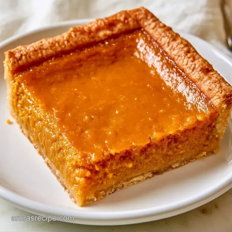 A square of orange custard tart topped with a swirl of white cream and a sprinkle of cinnamon on a ceramic plate.