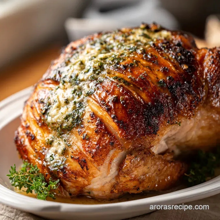 Sliced smoked turkey, glistening with juices, elegantly arranged on a plate with vibrant green sprigs of rosemary as a del...