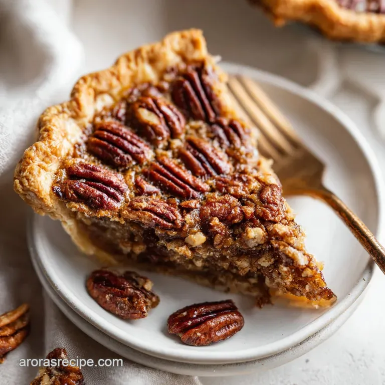 Slice of pecan pie with flaky crust, bourbon caramel drizzle, and a sprinkle of sea salt on a white plate.