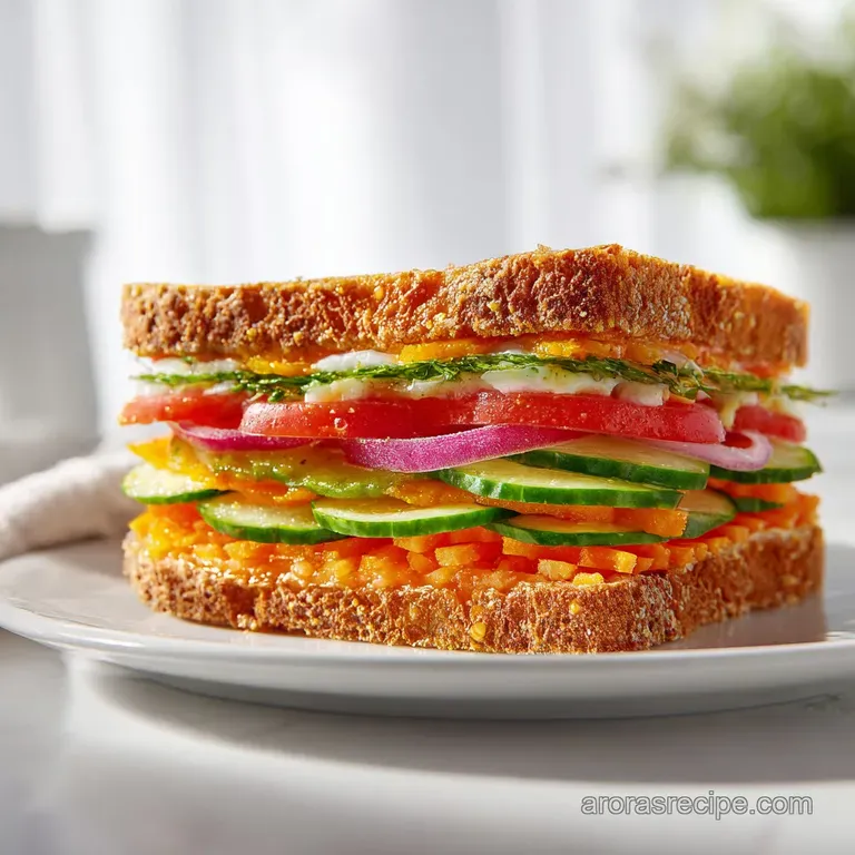 Neatly sliced veggie sandwich arranged with colorful vegetables and a side of hummus dip.