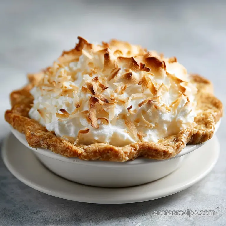 A perfect slice of coconut cream pie sits elegantly on a white plate, topped with fluffy whipped cream swirls.