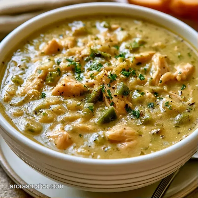 Elegant white bowl filled with creamy green stew, finished with a dollop of white cream and thin corn tortilla strips