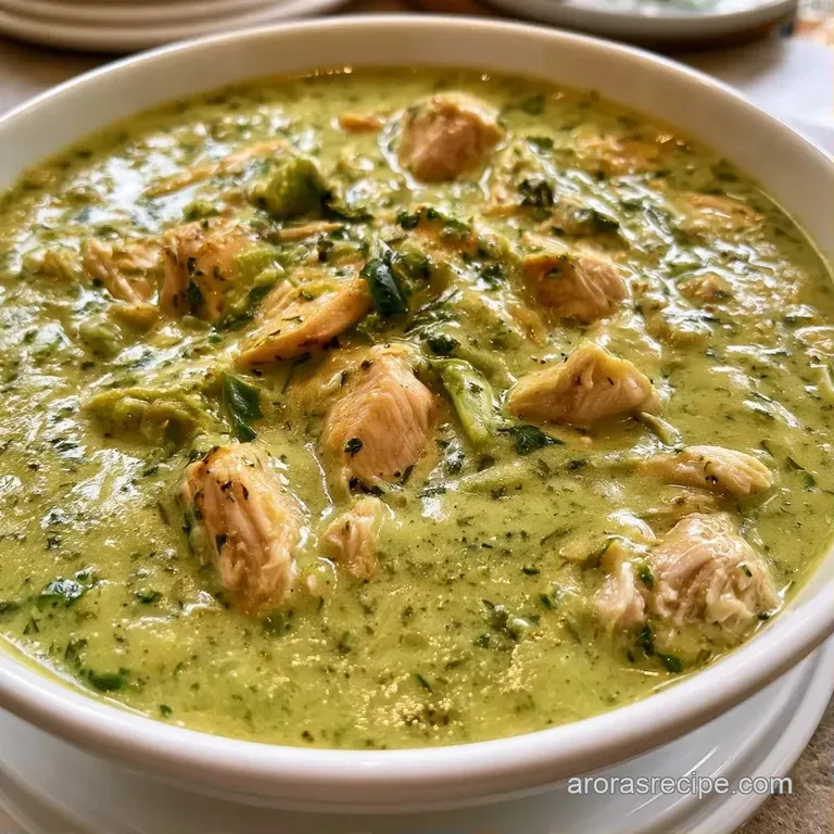 A white ceramic bowl filled with creamy green stew, topped with a dollop of sour cream and a lime wedge on the side.