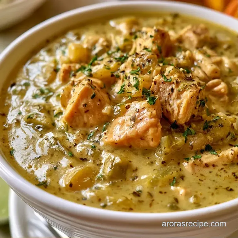 A rustic ceramic bowl filled with a hearty pale green stew, topped with a lime wedge and a sprinkle of fresh herbs.