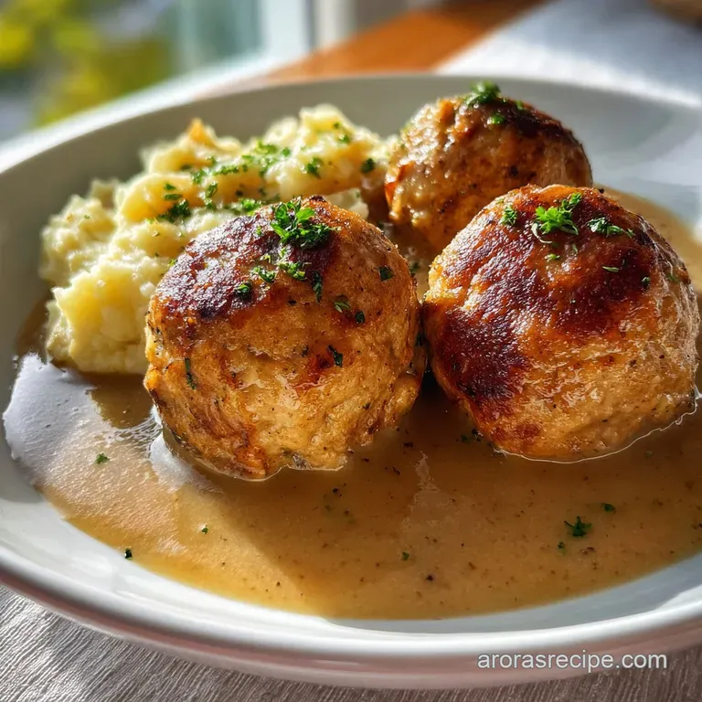 Perfectly arranged plate of meatballs with gravy, parsley garnish and a creamy swirl, hints of warm steam rising.