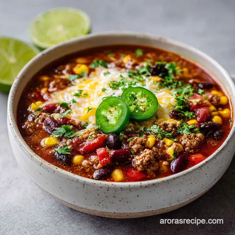 Steaming taco soup garnished with fresh cilantro, a dollop of sour cream, and colorful tortilla strips, a vibrant and invi...