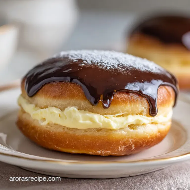 A single Boston cream donut on a plate, the rich chocolate glaze glistening, the creamy filling oozing. Irresistible and d...