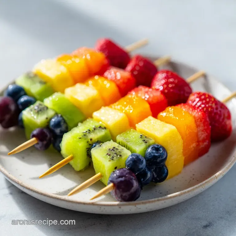 Artfully arranged fruit skewers on a white platter. The glistening citrus glaze highlights the fresh, juicy segments of ea...