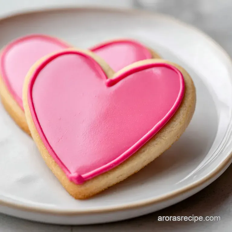 A delicate pink heart sugar cookie, piped with white icing, sitting atop a floral napkin, ready for Valentine's Day