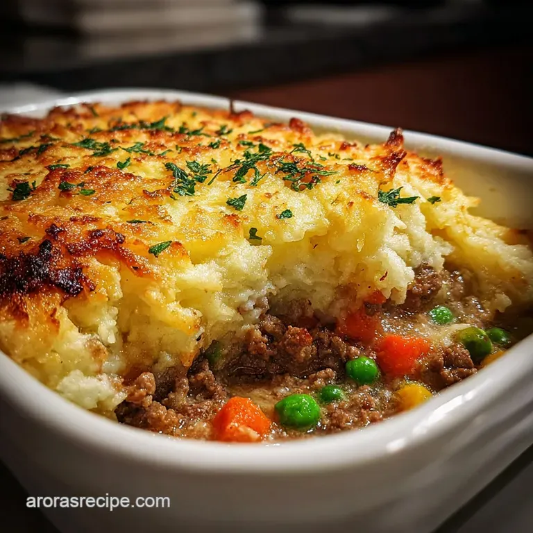 Single serving of shepherd's pie reveals moist turkey & vegetables with a beautifully piped mashed potato topping browned ...