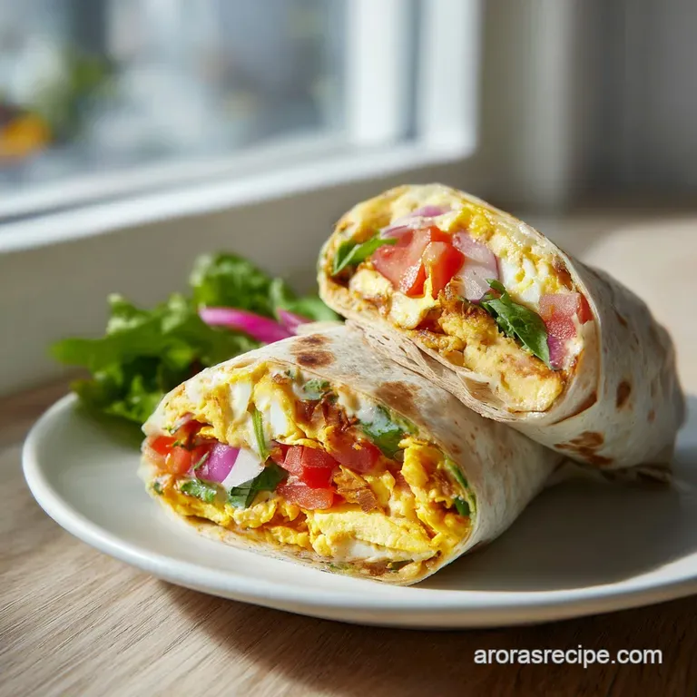 A perfectly rolled breakfast burrito sliced in half, revealing vibrant fillings on a rustic plate.