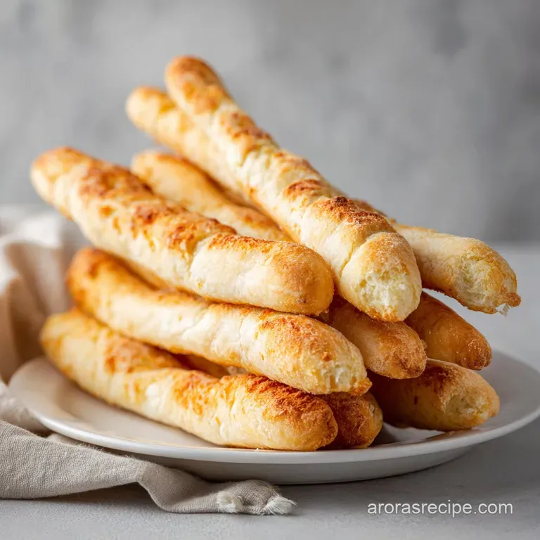 Crispy, golden breadsticks artfully arranged with a side of dipping sauce, ready to be savored.
