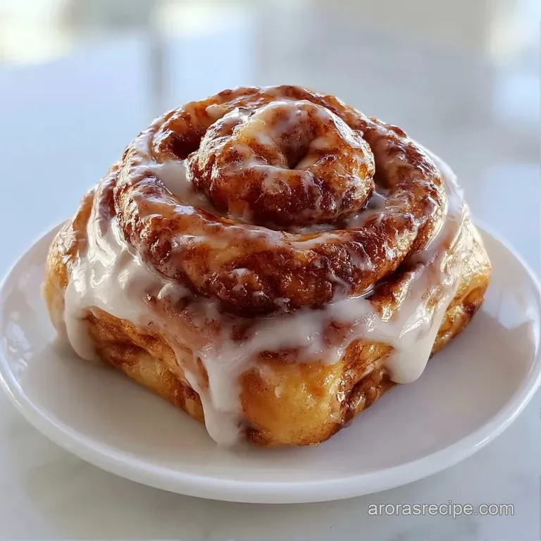 Golden pastry spiral on a white plate, glistening with creamy white glaze and a touch of ground cinnamon powder.