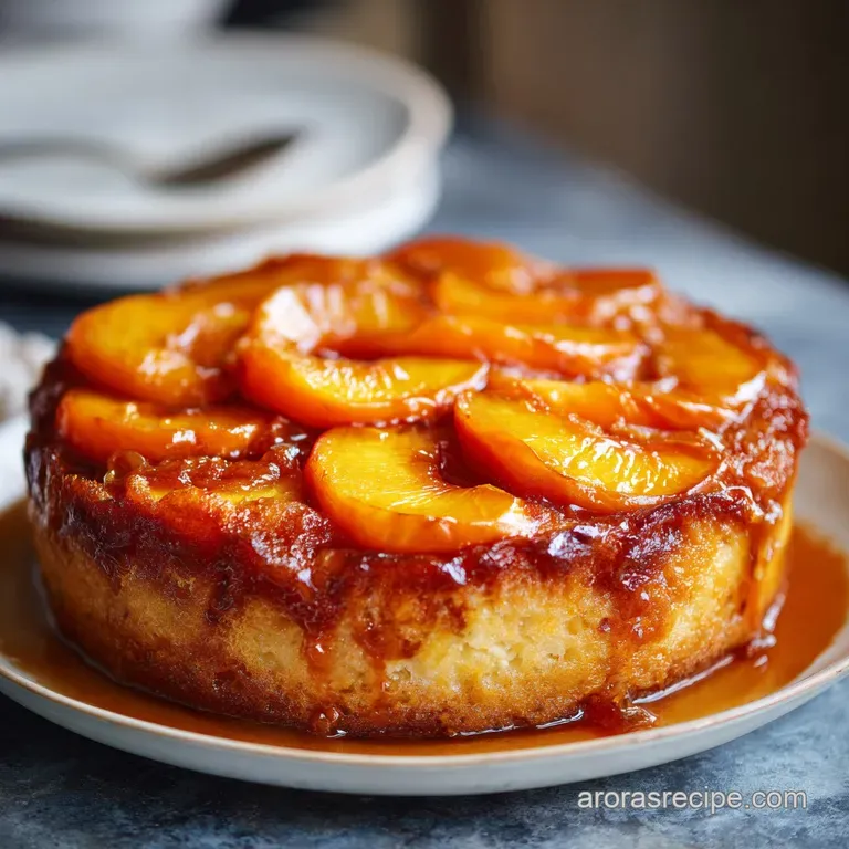 A scoop of melting vanilla ice cream atop a warm slice of golden crust and juicy amber peaches on a white ceramic plate.