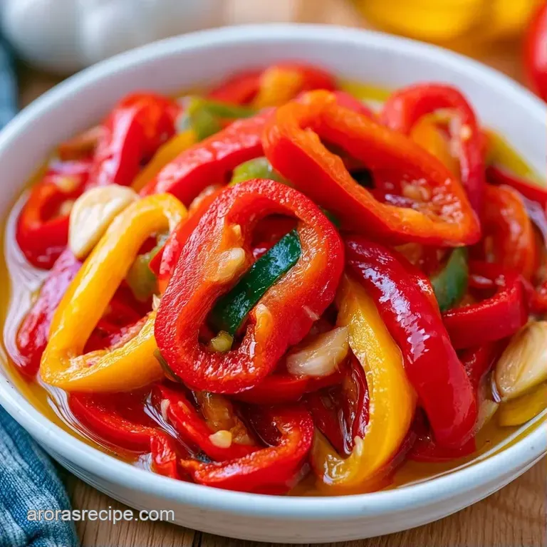 Bright red pepper rings artfully arranged in a small white ceramic bowl, glistening under soft kitchen light.