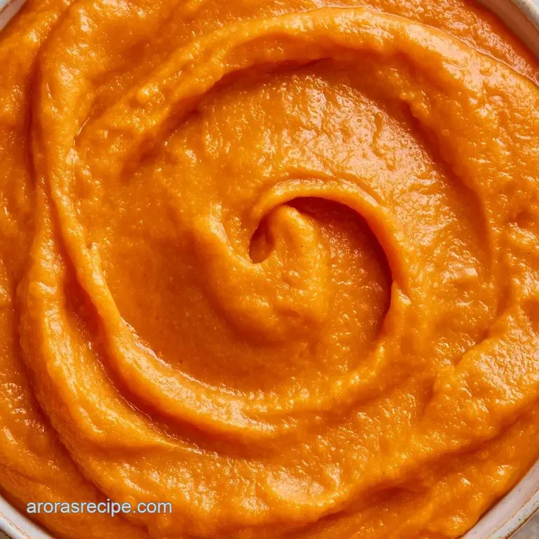 Elegant swirl of vibrant orange puree on a white plate, garnished with a toasted sage leaf and melted brown butter.