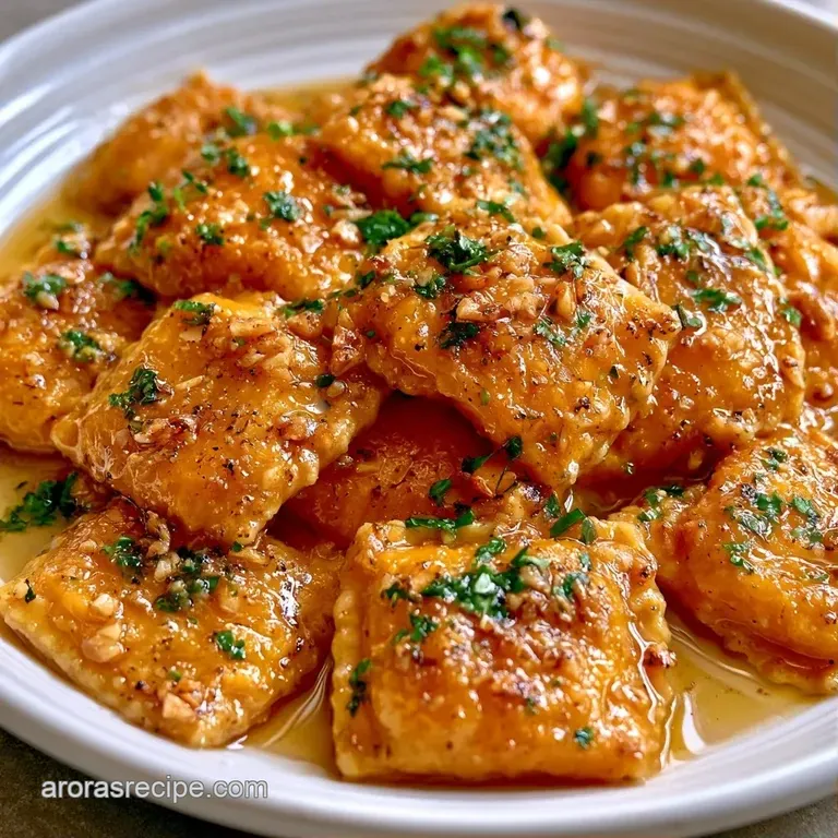 Artfully plated orange pasta squares glistening under a nutty butter sauce, garnished with fried sage leaves.