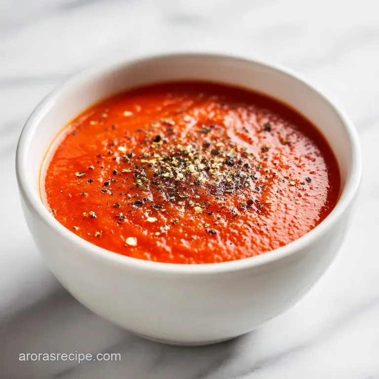 Elegant white bowl of rich orange-red soup with a cream spiral, placed beside a piece of crusty sourdough bread.