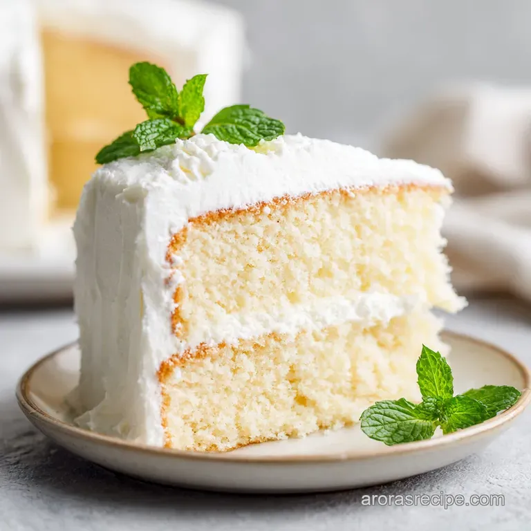 Elegant three-layer white cake on a glass stand, adorned with fresh raspberries and a dusting of powdered sugar.
