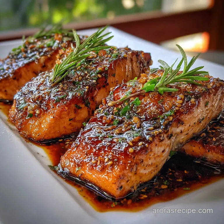 Flaky salmon glistening on a white plate. Topped with sesame seeds and herbs, beside bright green broccoli and lemon wedges.