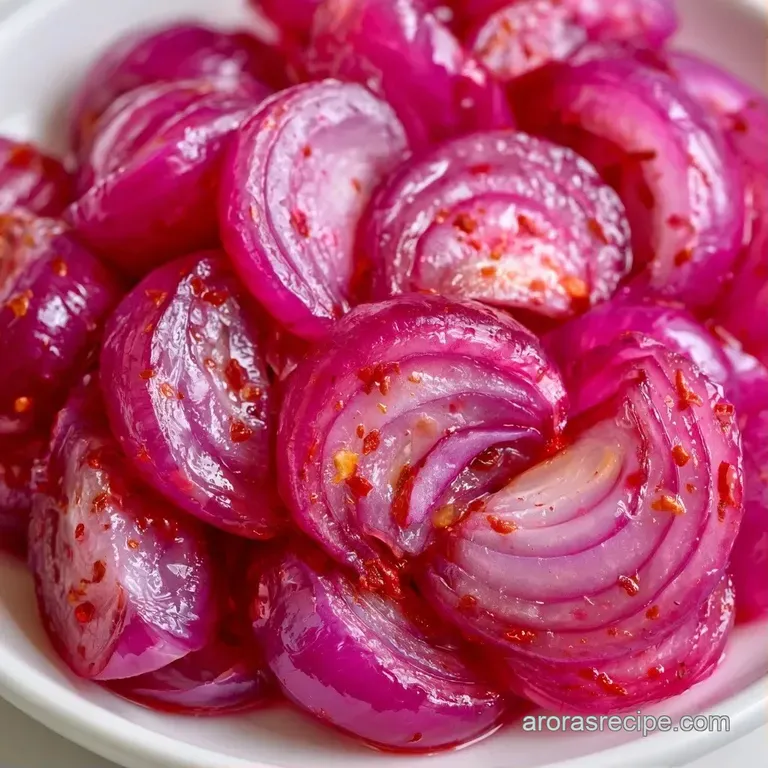 Thinly sliced magenta onions elegantly curled in a white ceramic bowl, shimmering under soft kitchen lighting.
