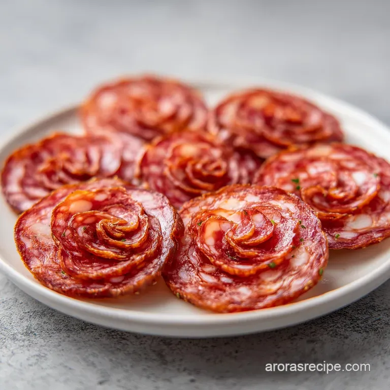 Intricate salami roses arranged elegantly on a white platter, surrounded by fresh herbs.