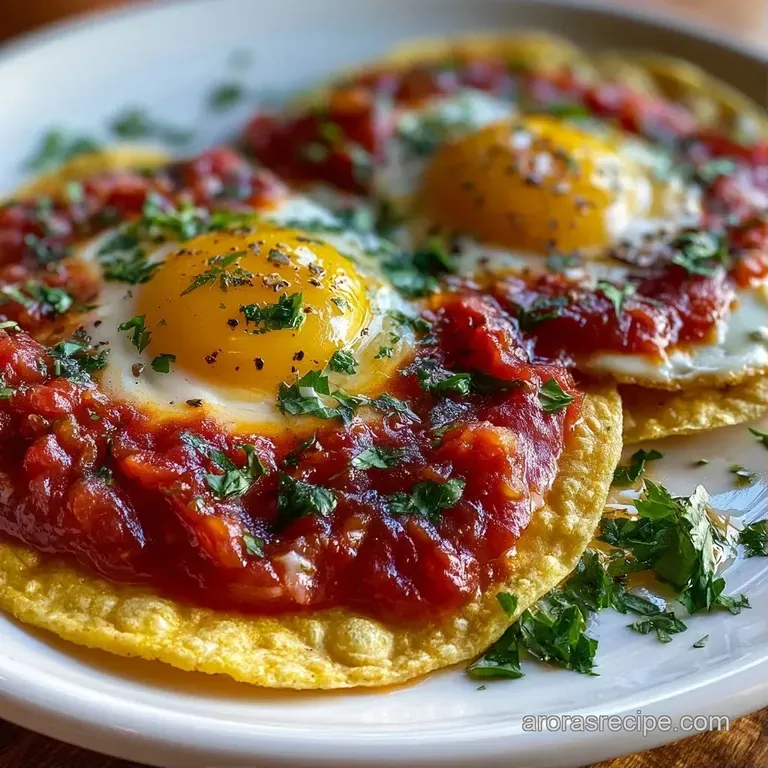Poached eggs topped with rich tomato sauce and fresh cilantro on a white plate with crumbled cotija cheese.