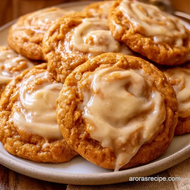 Neatly stacked spiced orange cookies with piped white frosting, served on a white platter with autumn leaves