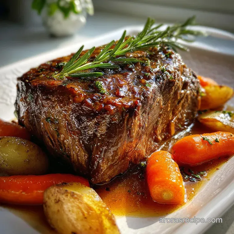 Sliced beef roast, beautifully plated, with vibrant vegetables, glistening gravy, and a sprinkle of fresh herbs for added ...