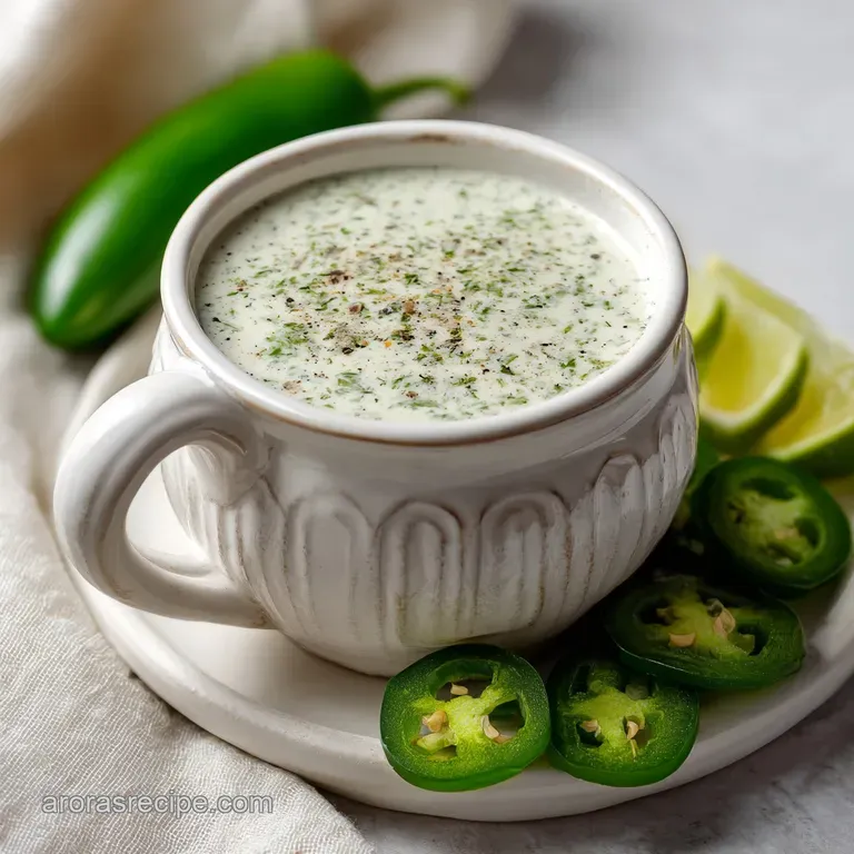 A spoonful of thick, speckled jalape&ntilde;o ranch cascading off a spoon, showing creamy texture and vibrant green pepper flecks...