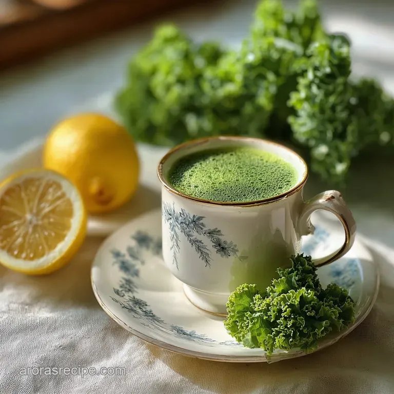 Elegant kale tonic in a slender glass, garnished with a bright green sprig, hints at its silky texture and invigorating fl...