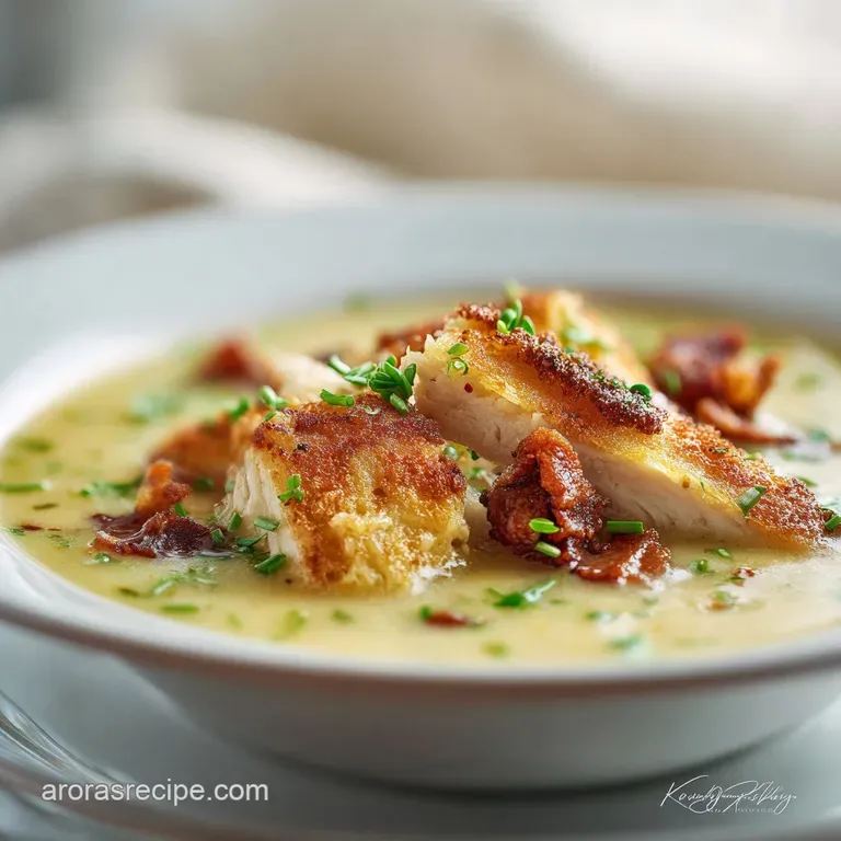 Elegant bowl of creamy soup garnished with fresh herbs and a swirl of cream; served with crusty bread on the side.