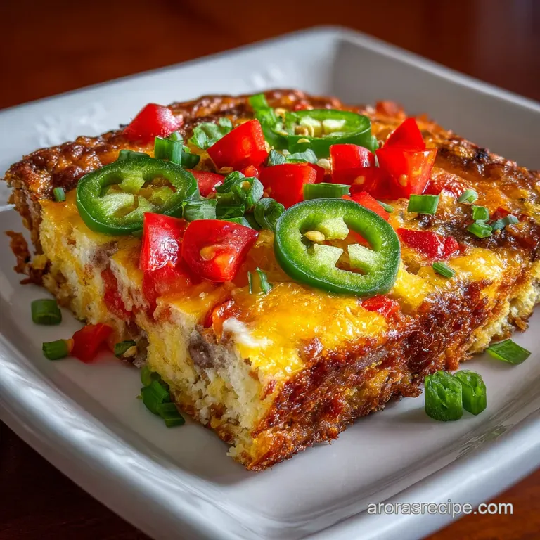 Slice of cheesy breakfast casserole with colorful peppers and herbs, presented on a white plate against a rustic wood back...